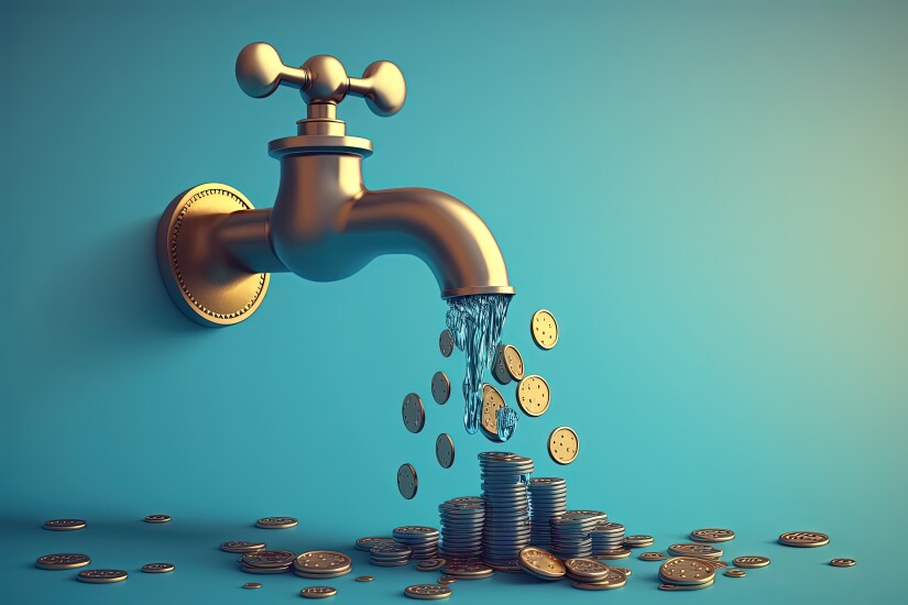 Faucet and coins, money falling from faucet, blue background, Ge